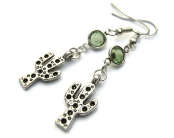 Cactus Birthstone Earrings, Personalized Saguaro Earrings, Southwestern Cactus Jewelry, Arizona New Mexico, Desert, Hypoallergenic Ear Hooks