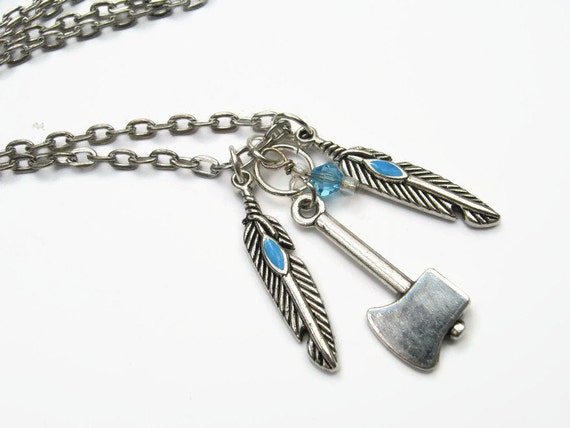 Tomahawk Feather Necklace, Southwestern Necklace, Personalized Birthstone, Axe Necklace, Choose Length, Antiqued Silver