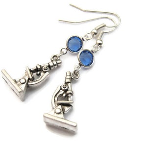 Microscope Birthstone Earrings, Personalized Science Earrings on Hypoallergenic Ear Hooks, Scientist Gift,  Lab Assistant, Chemist