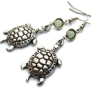 Large Turtle Birthstone Earrings, Personalized Tortoise Charm Earrings on Hypoallergenic Ear hooks, Nature Beach Gift, Reptile Jewelry