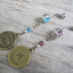Pisces Belly Ring, BRONZE Zodiac Belly Button Jewelry, Personalized Birthstone Piercing, Aquamarine Amethyst Jewelry, Astrology Navel Ring