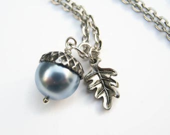 Personalized Acorn Necklace, Pearl Necklace, SMALL Oak Leaf, Antiqued SILVER Nature Jewelry, Designer Pearls, CHOOSE Color &  Length