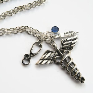 Doctor Charm Necklace, Caduceus Jewelry, Medical Personalized Birthstone Necklace, Stethoscope, Surgeon Gift, Choose Your Length, Silver