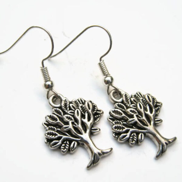 Tree Earrings, Personalized Oak Tree Charm Jewelry, Tree of Life Earrings, On Hypoallergenic Ear Hooks,  READY To SHIP, Antiqued Silver