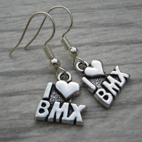 I Love BMX Earrings, Personalized Bicycle Motorcross Earrings on Hypoallergenic ear hooks, Sports Hobby Jewelry, Bike, Antiqued Silver