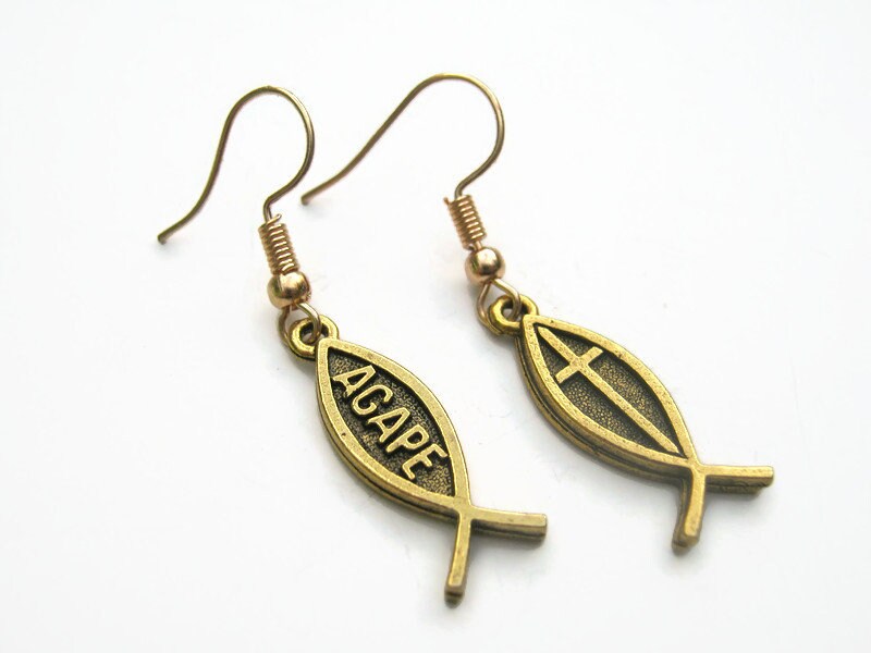 Gold Christian Fish Earrings 24K Gold Plated Ichthys - Etsy