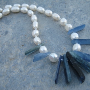 Blue Kyanite & Pearl Necklace,  16.5" Freshwater Pearl Necklace, Color Block, Beaded Kyanite Jewelry,  .925 Sterling Silver, READY To SHIP