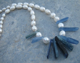 Blue Kyanite & Pearl Necklace,  16.5" Freshwater Pearl Necklace, Color Block, Beaded Kyanite Jewelry,  .925 Sterling Silver, READY To SHIP