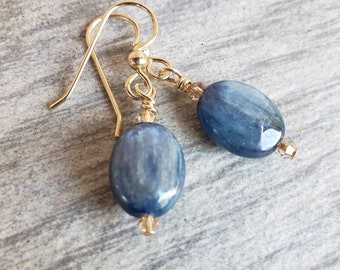 AA Blue Kyanite Earrings, 14K Gold Filled Earrings, Oval Gemstone Jewelry, Denim, Chakra Drop Dangle Earrings