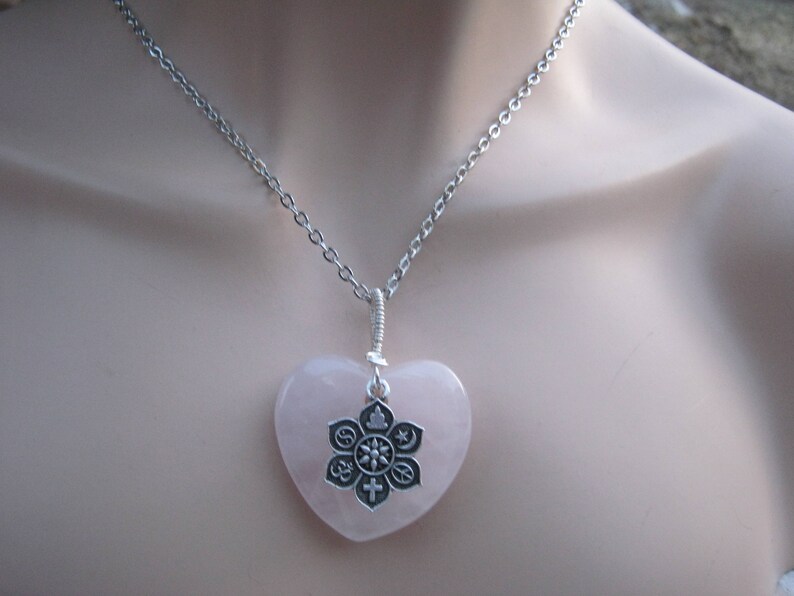 Buddhist Necklace Large Pink Gemstone Heart Pendant Minimalist Choos Lotus Flower Jewelry DELAYED SHIP Sale Rose Quartz Coexist Necklace