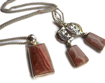 Rhodochrosite Pendant Necklace and Earrings Set, .925 Sterling Silver, Pink Gemstone Jewelry, Rectangular, GNS88