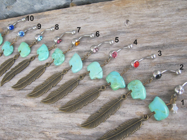 Zuni Bear Belly Button Ring Feather Belly Ring BRONZE Birthstone Navel Ring Native American Jewelry Turquoise Magnesite Belly Piercing