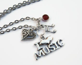 I Love Music Necklace, CHOOSE Your Instrument Charm, Personalized Birthstone Necklace, Musical Instrument Jewelry, Band, Musician Necklace