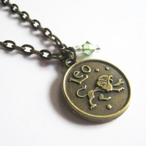 Zodiac Leo Charm Necklace, July August Birthstone, Ruby or Peridot Designer Crystal, Astrology Jewelry, Choose Your Length, Bronze