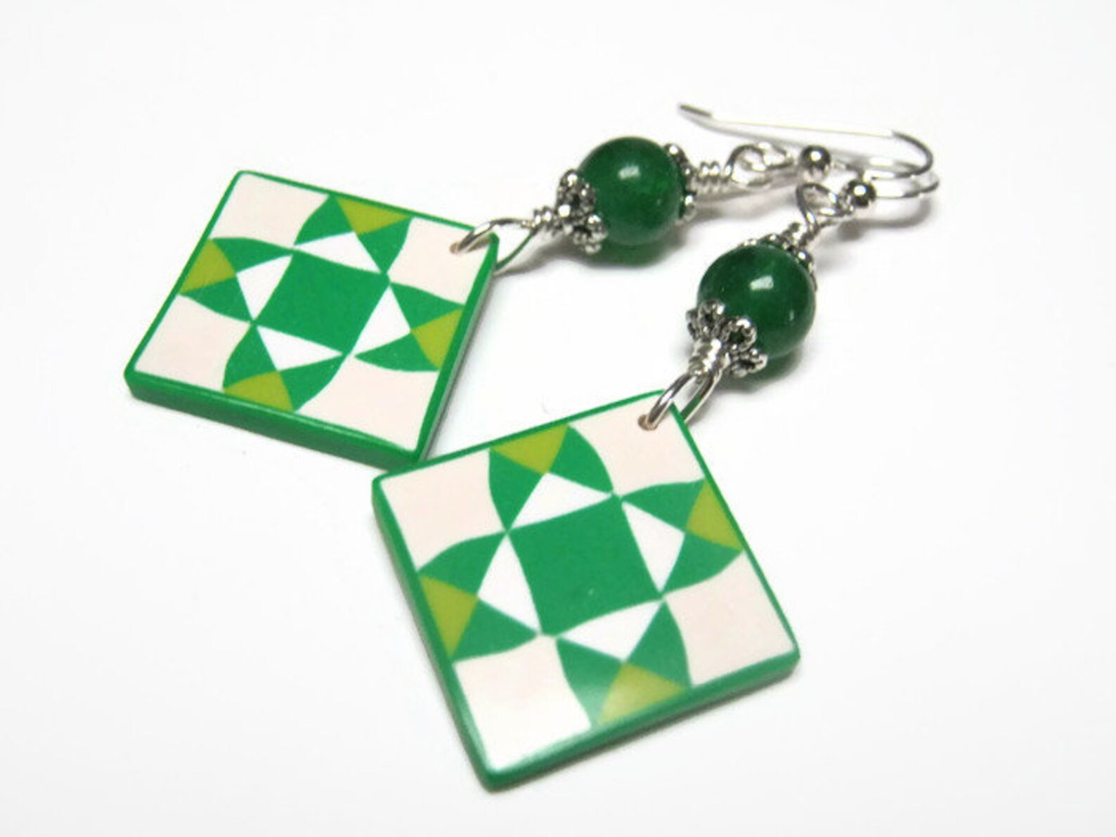 Green Quilt Block Earrings Sterling Silver Green Agate Etsy
