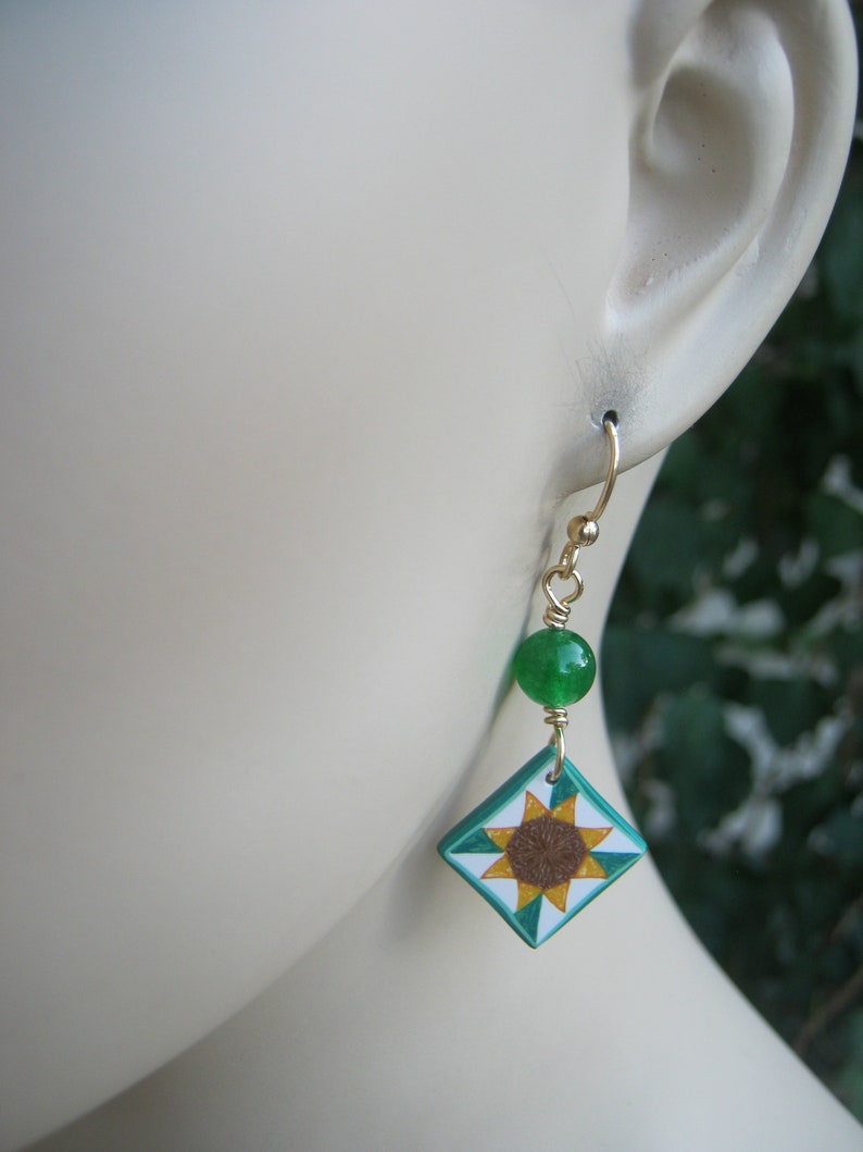 Sunflower Quilt Block Earrings 14K Gold Filled Green Quartz Etsy