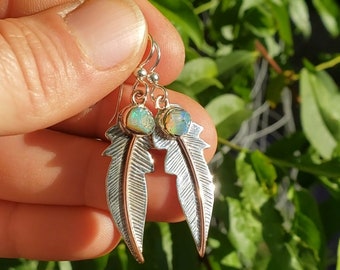 Opal Feather Earrings, Sterling Silver with Copper Accents Earrings, Ethiopian Gemstone Jewelry, Southwestern Drop Dangle Earrings