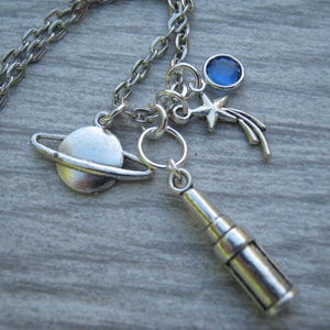 Astronomy Necklace, Personalized Birthstone Necklace, Astronomer Neckace, Telescope Charm Necklace, Space Necklace, Shooting Star, Planet