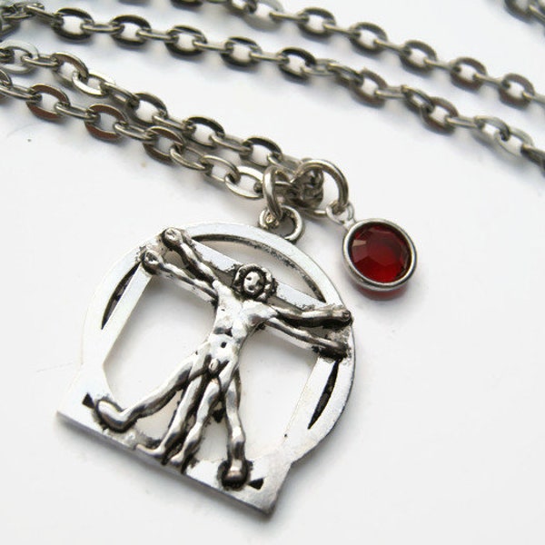 Vitruvian man Necklace, Anatomy Pendant, Personalized Birthstone Jewelry, Anatomical Jewelry Medical Symbol, Leonardo Da Vinci Choose Length