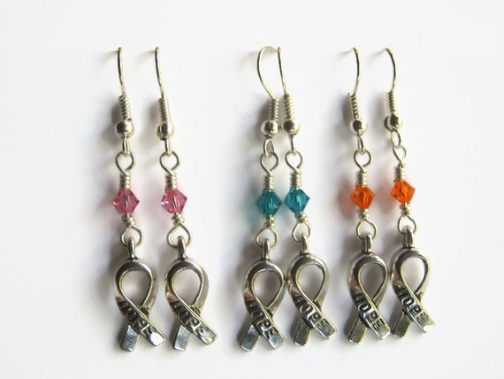 Personalized Cancer Awareness Earrings, Cancer Charity Donation Earrings, Breast Cancer Hope Ribbon Earrings, Leukemia, Pancreatic, SILVER