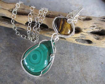 Malachite & Tiger Eye Pendant, .925 Sterling Silver, Midwife Stone, LARGE Wire Wrapped Pendant, Green Brown Pregnancy Pendant