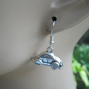 Hippie Car Earrings, Personalized Driving Earrings on Hypoallergenic Ear Hooks, Beetle Jewelry, Bug Transportation Charm, Antiqued Silver image 2