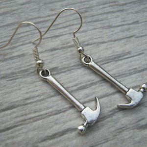 Hammer Earrings, Mechanic Earrings,  Antiqued Silver, Handywoman Jewelry, Personalized Earrings, DIY, On Hypoallergenic Ear Hooks
