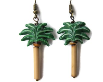 Lampwork Glass Palm Tree Earrings with Bamboo Trunks, Antiqued Bronze, Beach Tropical Jewelry