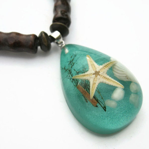 Real Starfish Necklace, Pressed Beach Shell Pendant, Seafoam Green Necklace, Vegan Unisex Necklace, Adjustable, Driftwood CRD11