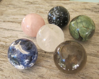 SET Of 6 Gemstone Spheres, Rose Quartz, Quartz Crystal, Smoky Quartz, Sodalite, Snowflake Obsidian, Rainforest Jasper 25mm Gemstone Sphere,