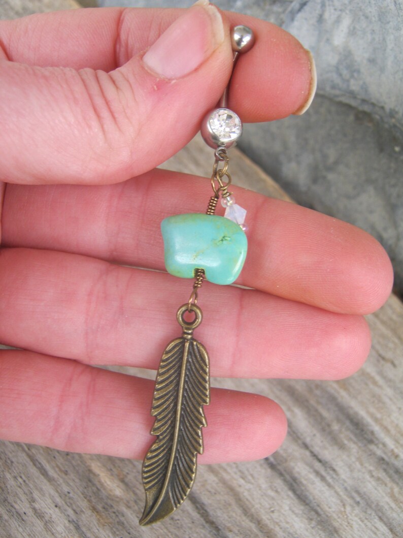 Zuni Bear Belly Button Ring Feather Belly Ring BRONZE Birthstone Navel Ring Native American Jewelry Turquoise Magnesite Belly Piercing