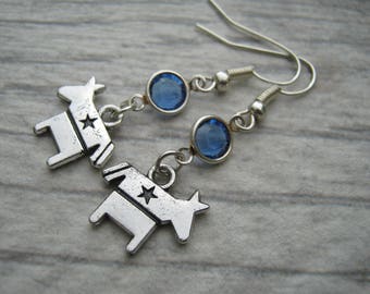 Democrat Birthstone Earrings, Peronalized Donkey Earrings, Political, Liberal, Patriotic Jewelry, Democratic Charm, Hypoallergenic Ear Hooks