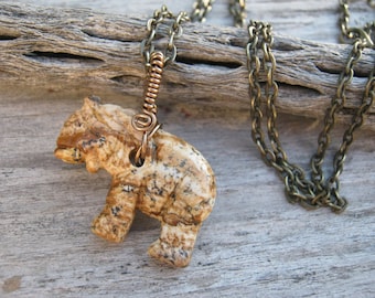 Gemstone Elephant Necklace, Picture Jasper Carved Pendant, Lucky Elephant Pendant, Elephant Jewelry, Choose Length, Bronze, CA12