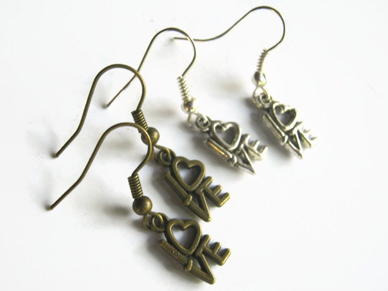 Romantic Earrings Tiny LOVE Earrings READY To Ship Dainty Love Heart Earrings Silver or Bronze