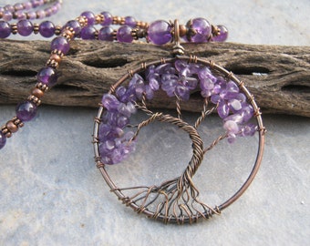 24" Amethyst Tree of Life Necklace, Wire Wrapped Pendant, Antiqued Copper Beaded Necklace, Tribal Jewelry, Purple Gemstone Jewelry