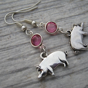 May include: A pair of silver pig earrings with pink crystal accents. The earrings are dangle style with a silver hook.