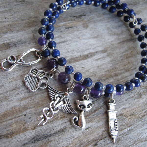 Veterinarian Charm Bracelet,  Lapis Lazuli Stacking Bracelet, Amethyst Boho Bracelet,  Blue Purple Memory Bracelet, DVM Gift,  READY To SHIP