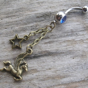 Pegasus Belly Ring, BRONZE, Fantasy Belly Button Ring, Star Navel Piercing, Magical Body Jewelry, Personalized Birthstone Dangle Belly Ring