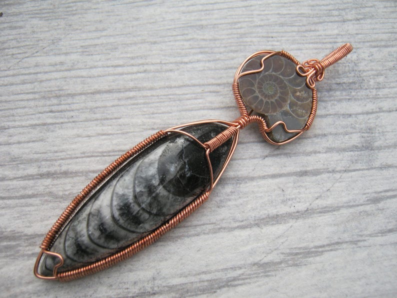 HUGE Ammonite & Orthoceras Pendant, Fossilized Squid Pendant, Fossil Copper Wire Wrapped Pendant, Statement Jewelry, Prehistoric, GP6 image 4