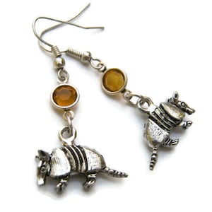 Armadillo Birthstone Earrings, Personalized Armored Animal Earrings, Sterling Silver Plated Wild Creature Earrings Armadillos Jewelry Nature