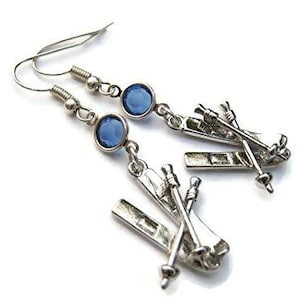 Skis Birthstone Earrings, Personalized Skier Earrings on Hypoallergenic Ear Hooks, Skiing Sports, Athletic Jewelry, Winter Ski and Poles