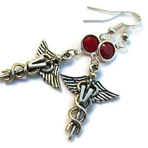 Veterinarian Birthstone Earrings, Personalized Caduceus Earrings on Hypoallergenic Ear Hooks, Veterinary Doctor Jewelry, Antiqued Silver