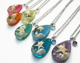 CHOOSE Your Beach Necklace, Real Starfish Pendant, Shell Scene Jewelry, Designer Birthstone Necklace, Boho Necklace, Nautical Charm