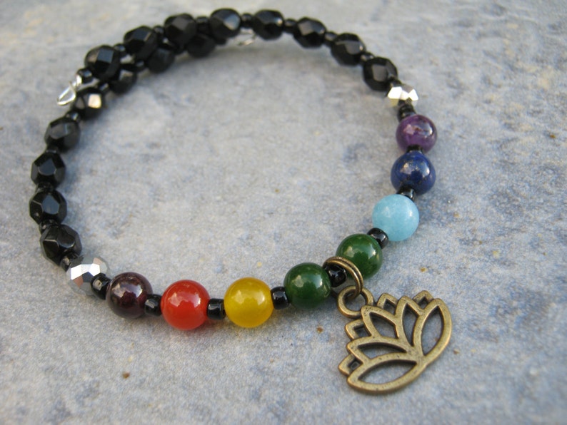 Rainbow Gemstone Stacking Bracelet Yoga Memory Bracelet Buddhist Hindu 7 Chakra Lotus Flower Bracelet READY To SHIP Boho Bracelet