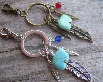 Zuni Bear Feather Keychain, SILVER or BRONZE Zuni Bear Zipper Pull, Personalized Accessory, Southwestern, Turquoise Magnesite