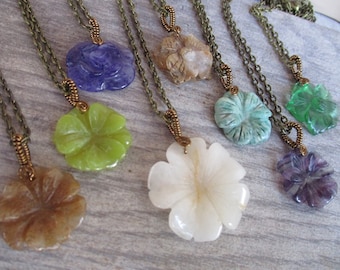 Gemstone Flower Necklace, Choose Your Pendant, Floral Bohemian Jewelry, Choose Length, Antiqued BRONZE