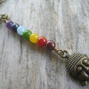 7 Chakra Buddha Necklace, BRONZE, Gemstone Chakra Rainbow Pendant, Buddhist Necklace, Yoga Inspired, Minimalist Y Necklace, Choose Length