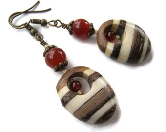 Retro Cassia Wood & Resin Oval Drop Earrings with Carnelian Gemstones, Antiqued Bronze