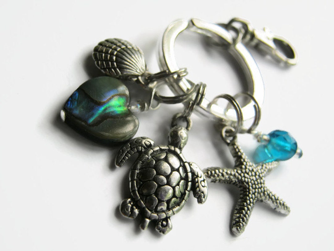 Sea Turtle Keychain, Abalone Heart Zipper Pull , Antiqued SILVER, Beach ...