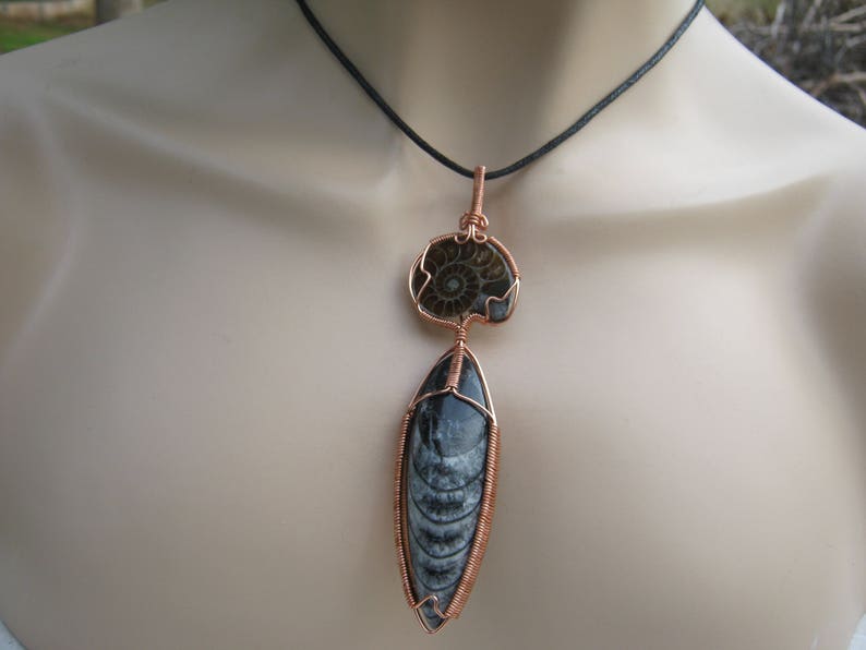 HUGE Ammonite & Orthoceras Pendant, Fossilized Squid Pendant, Fossil Copper Wire Wrapped Pendant, Statement Jewelry, Prehistoric, GP6 image 3